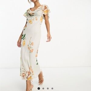 ASOS DESIGN flutter sleeve cowl neck midi dress in cream floral print